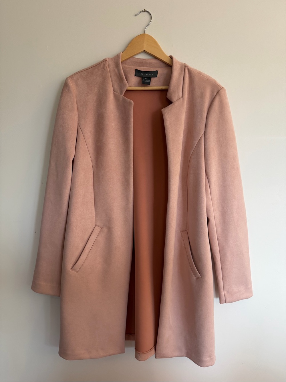 Suzy Shier Blush Pink Faux Suede Jacket | Longline Open Front Blazer Coat | M
